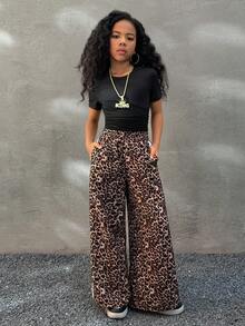 Coolane Kids Tween Girls Four Seasons, Daily Wear Athleisure,Black Solid Knit Crew Neck Short Sleeve Top And Leopard Print Wide Leg Pants Set,Basic 2pcs/Two Piece Comfortable ,Halloween,  Christmas - Multicolor - View 5