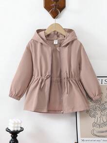 SHEIN Elladie kids 1 件年轻女孩纯色休闲连帽夹克，腰部设计，适合秋冬穿着，适用于学校、户外活动、家庭聚会，提供温暖和舒适 - 卡其色 - 查看 1