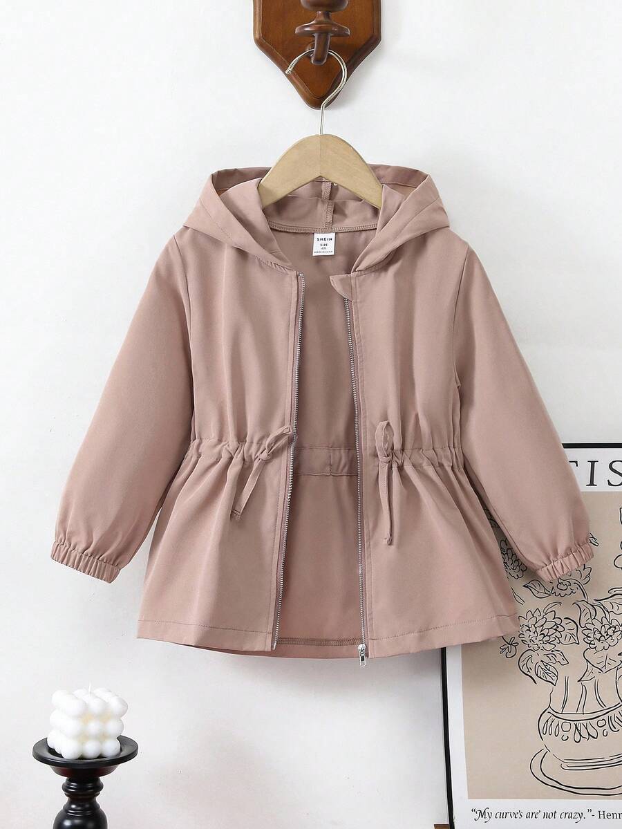 SHEIN Elladie kids 1 件年轻女孩纯色休闲连帽夹克,腰部设计,适合秋冬穿着,适用于学校、户外活动、家庭聚会,提供温暖和舒适 - 卡其色 - 查看 1