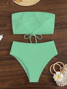 Swim Basics Summer Beach Women's Bikini Set With Solid Color, Back Strappy Details - Mint Green - View 6