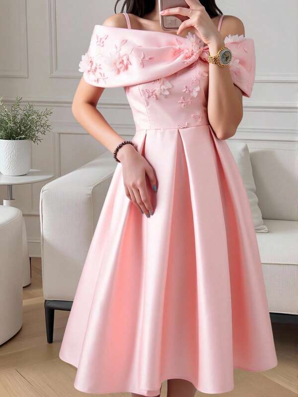 SHEIN فستان ذو كتف مسدود وقبة عقدة مناسب للفتيات المراهقات للحفلات ، باللون الوردي