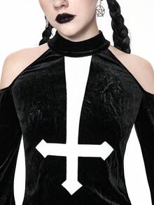 ROMWE Goth Gothic Dark Style Halloween, Inverted Cross Embroidery Off-Shoulder Flare Sleeve Velvet Crop Top For Women