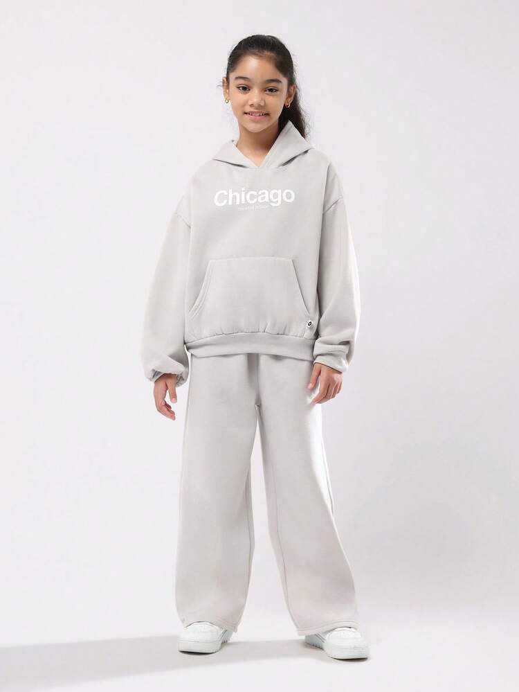 Chicago Print Hooded Sweatshirt And Wide Leg Pants Set
