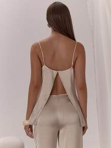 MUSERA ملابس علوية سباغيتي ذو حمالات رفيعة مصنوع من الساتان، قصير وضيق، مناسب للمناسبات الليلية الفاخرة والعطلات والحفلات - كاكي - مشاهدة 4