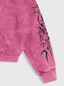 ROMWE MEN Men's Gothic Style Acid-Washed Zip Front Hoodie Sweatshirt, Autumn, Halloween, Long Sleeve Top - Hot Pink - View 5