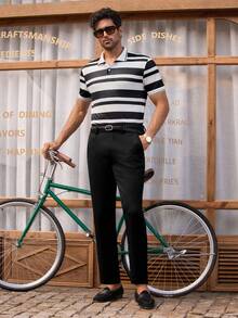 HIMLAND Men's Casual Tapered Trousers With Zipper Back Pockets, Solid Color - Black - View 2