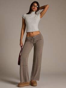 Aloruh Women's New Brown Striped Low-Waist Pants, Autumn/Winter,Fall