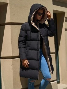 SHEIN Tall Two-Tone Hooded Pocket Zipper Stand Collar Mid-Length Padded Coat