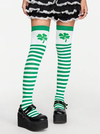 Grunge Punk Gestreifte Vierblättrige Klee Zufallsmuster Oberschenkel Hohe Socken, Y2K Stil vielseitige Überknie Socken geeignet für Partys, Treffen, gesellige Anlässe