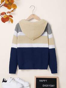 SHEIN Tween Boy Oversized Striped Hooded Pullover Sweater, In Fall/Winter - Navy Blue - View 2