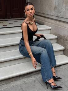 EURMUSE 女士阔腿低腰牛仔裤 - 中等水洗藍 - 查看 1