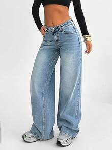 EURMUSE 女士阔腿牛仔裤，适合日常穿着 - 中等水洗藍 - 查看 5