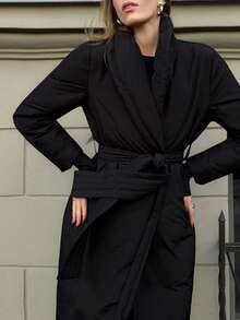 MOTF PREMIUM 女士纯色系腰带长款冬季大衣 - 黑色 - 查看 3