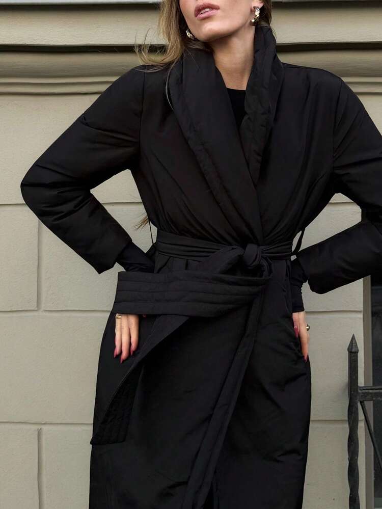 WOMEN SOLID BELTED LONGLINE WINTER COAT