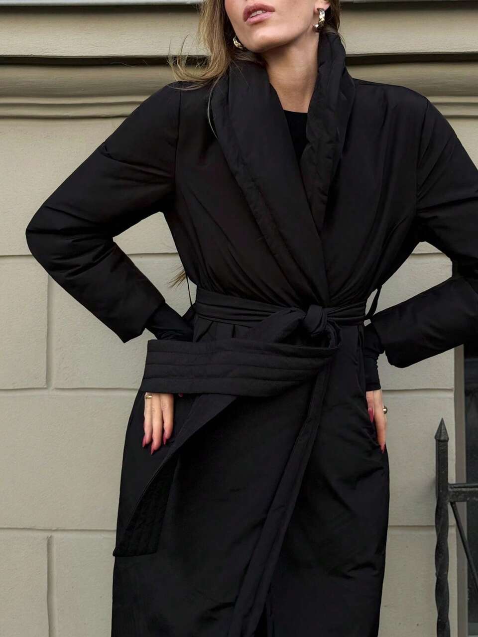WOMEN SOLID BELTED LONGLINE WINTER COAT