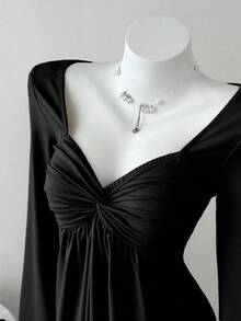 Elamini 女士休闲扭纹前V领长袖T恤，百搭新款，春秋季