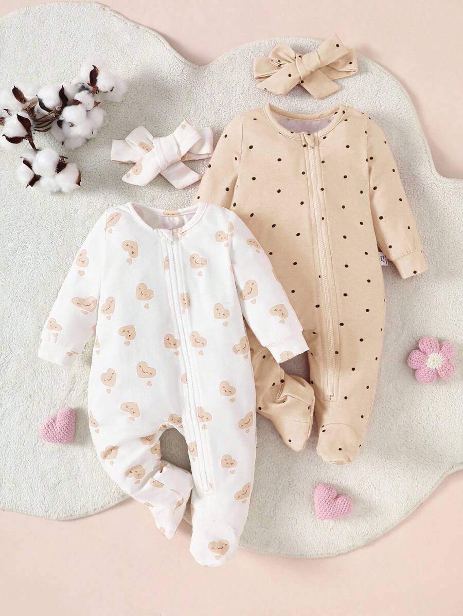 SHEIN 4pcs Newborn Baby Girl Cute Polka Dot Heart Print Long Sleeve Zipper Romper & Butterfly Headband Soft Sleepwear Outfit Set Graphic - Apricot - View 1