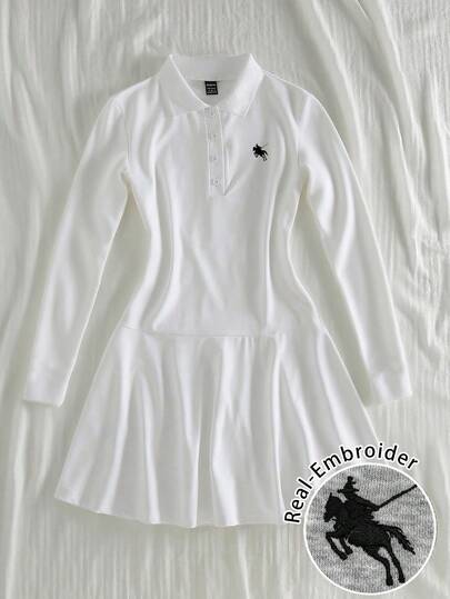SHEIN EZwear Women's Casual Polo Collar Minimalist Embroidered Logo Mini Long Sleeve Dress, Suitable For Autumn