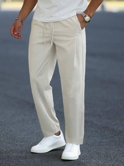 Manfinity Homme Pantalones casuales rectos con bolsillo y cordón en la cintura, unicolor, para otoño