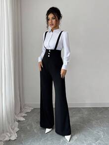 Elenzga Quần ống đứng thanh lịch lãng mạn dành cho nữ có dây đeo ở eo và nút cài trang trí - màu đen - Xem 1