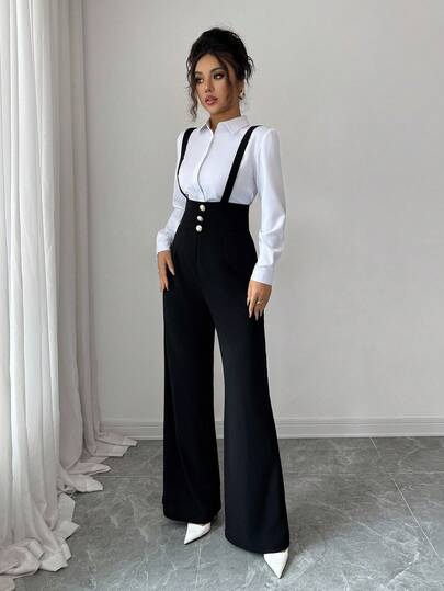 Elenzga 女士优雅浪漫直筒裤，带吊带腰和纽扣装饰