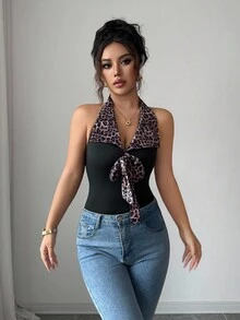 Elenzga Sleeveless Fabric Patchwork Korean Velvet Leopard Print Tie Bow Elegant Romantic Delicate Women Tank Top