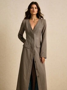 Poéselle Cappotto lungo con bottoni frontali a quadri di moda per pendolari da donna, cappotto invernale e abito da donna, cappotto a quadri, top da uscire, Natale per donna, Capodanno per donna, Old Money, elegante per donna, di classe per donna, autunno inverno - Castano - Visualizzare 4