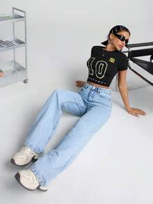 EURMUSE HIGH WAIST Straight Leg Jeans Snow Wash Women S Clothes Woman S Summer Clothes Women S Bottoms Wide Leg Jeans - Medium Wash - View 7