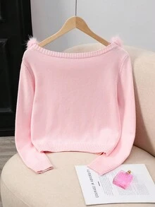 Franclia Women's Elegant Patchwork Fur Collar Sweater Fall Winter Cloth For Women - Pink - View 2