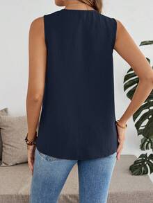 EMERY ROSE 女士纯色纽扣设计V领休闲宽松无袖衬衫 - 藏蓝色 - 查看 2