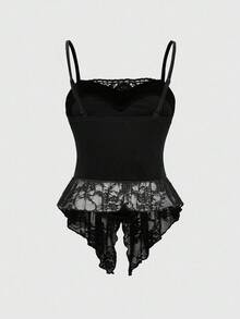 ROMWE Goth Dark Halloween Velvet & Contrast Lace Camisole - Black - View 2