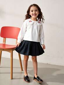 Maija Kids Maija Kids 年轻女孩花卉刺绣彼得潘领长袖衬衫上衣，休闲日常和校服 - 杏色 - 查看 4
