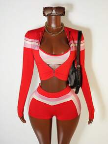 BamGleam 女士街头服饰撞色拉链开衫和吊带背心搭配短裤套装 - 彩色 - 查看 5