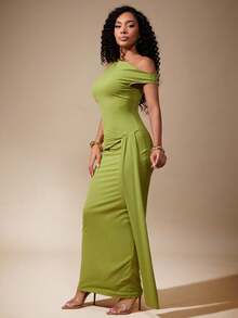 Vixey One Shoulder Draped Sash Detail Solid Knit Maxi Dress, Wedding Guest Dress - Green - View 4