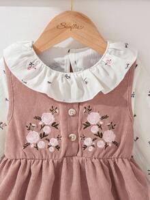 Baby Girls' Spring/Autumn Outfit, Floral Ruffle Collar Romper + Corduroy Pinafore Dress, Soft & Comfortable, Cute For Daily Wear/Cozy Gatherings Fall Winter - Multicolor - View 6