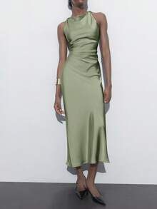 Maija Robe midi en satin vert sauge élégante pour femme, robe de mariée d'été, sans manches, col drapé, volants, en soie, robe de soirée formelle pour brunch, tenues de Noël - Vert - Voir 1