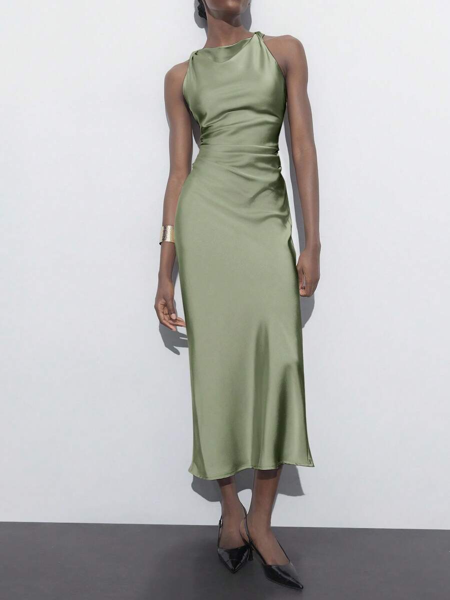Maija Robe midi en satin vert sauge élégante pour femme, robe de mariée d'été, sans manches, col drapé, volants, en soie, robe de soirée formelle pour brunch, tenues de Noël - Vert - Voir 1