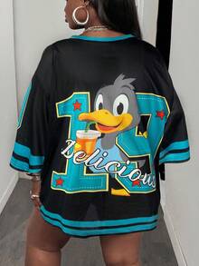 SHEIN CURVE+ 大码女式休闲宽松简约 V 领可爱鸭子印花 T 恤/大码 T 恤/图案 T 恤 - 黑色 - 查看 2