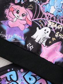 SHEIN 2 piezas Conjunto de sudadera con estampado de graffiti para niñas, conjunto deportivo de otoño - Negro - Ver 4