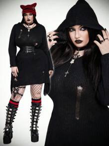 SHEIN Whyspr Vestido de punto con capucha de unicolor y efecto desgastado de estilo oscuro y de moda para tallas grandes - Negro - Ver 1