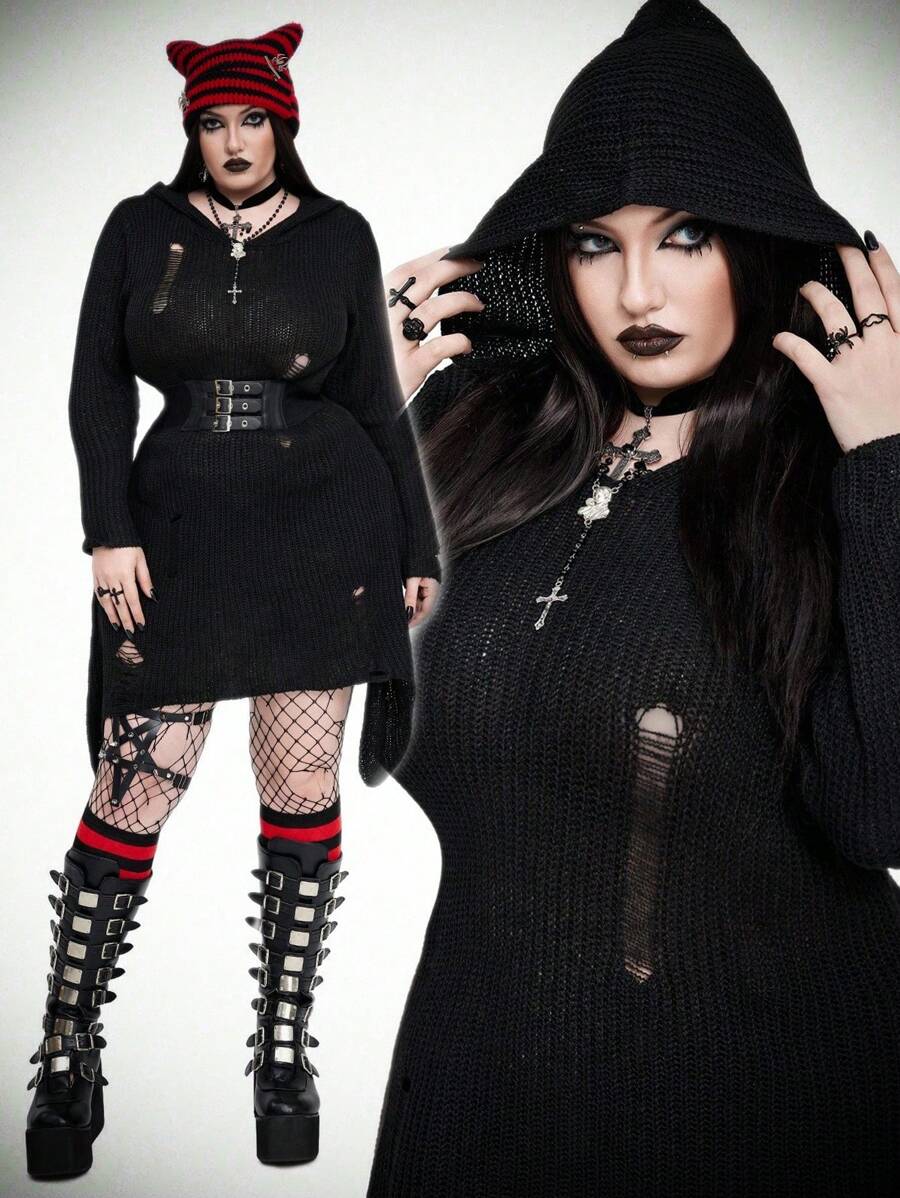 SHEIN Whyspr Vestido de punto con capucha de unicolor y efecto desgastado de estilo oscuro y de moda para tallas grandes - Negro - Ver 1