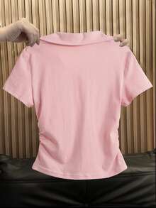 SHEIN Tween 女童纯色休闲 Polo 衫 V 领修身侧褶短袖短款 T 恤 - 粉色 - 查看 2