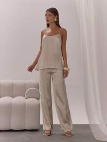 MUSERA ملابس علوية سباغيتي ذو حمالات رفيعة مصنوع من الساتان، قصير وضيق، مناسب للمناسبات الليلية الفاخرة والعطلات والحفلات - كاكي - مشاهدة 2