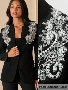 Lilora Women's Casual Commuting Lapel Blazer Black Blazer For Women Black Blazer With Embellishments Embellished Blazer Black Embellished Blazer Beaded Blazer In Fall/Winter