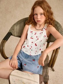 Conjunto de 2 piezas para niñas preadolescentes compuesto por top de tirantes y shorts, apto para el verano - Blanco - Ver 5