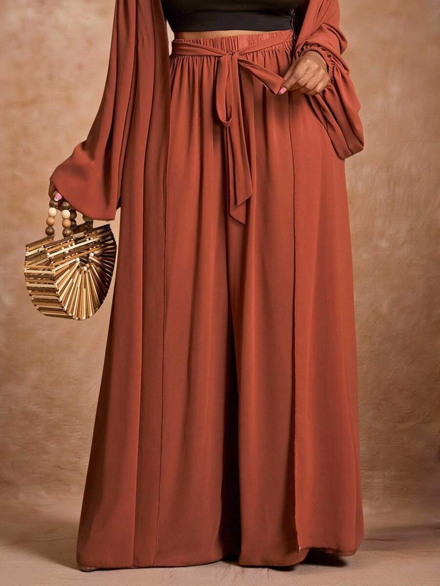 Veslaya 秋冬新品/女士秋季服装/万圣节/秋冬女装 百搭简约波西米亚风宽松飘逸阔腿裤，柔和纯色，适合海滩、音乐节、热带度假、春季穿着，大码女装 - 棕色 - 查看 1