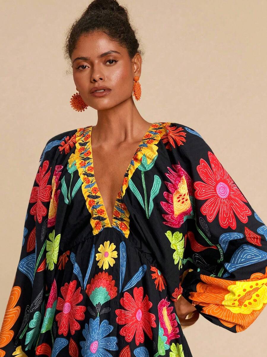 Travachic 女士度假V领长袖印花迷你连衣裙 - 黑色 - 查看 1