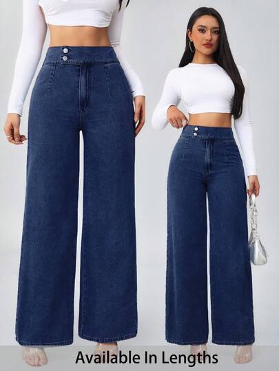 SHEIN PETITE CURVE Plus Size Fall Autumn Winter Back To School Homecoming Halloween Christmas Cute Streetwear Business Casual Woman Country Vintage Modest Old Money Business Casual Woman Work Clothes Teacher Outfits For Women Church Outfits Women Solid Color Button Fly Casual Versatile Wide Leg Blue Jeans,Fall Clothes For Women