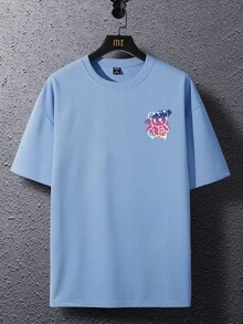 Manfinity Homme Loose Fit Men's Slogan & Cartoon Graphic Drop Shoulder T-Shirt - Baby Blue - View 3