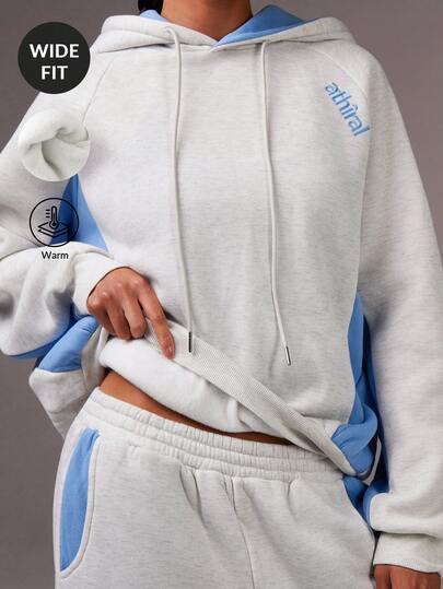 Athîral 女士休闲运动连帽衫，带字母刺绣，撞色插肩袖，抽绳，保暖衬里，秋冬运动套装女士运动服女士运动休闲服运动装女士短款连帽衫女士连帽衫